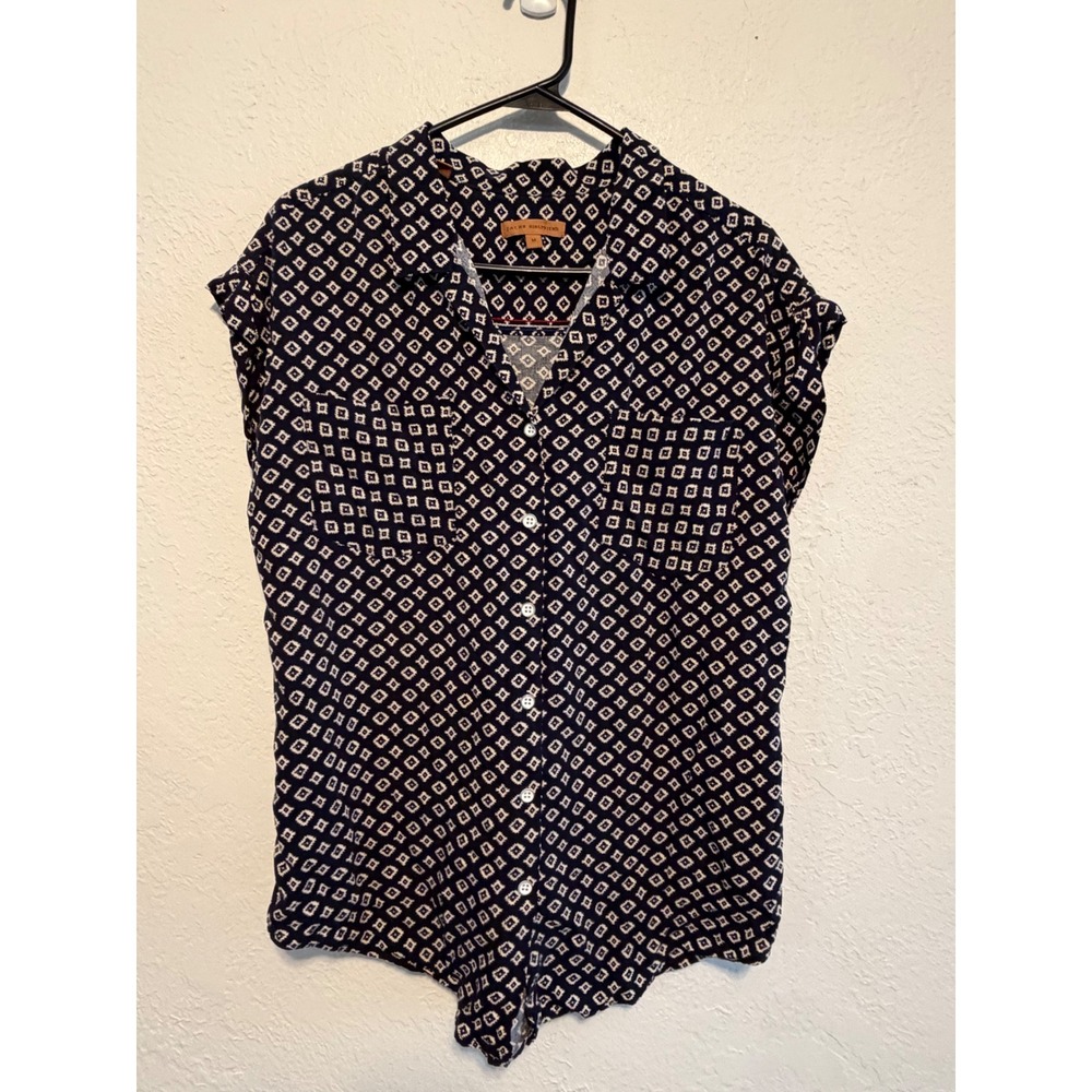 Jachs Girlfriend Navy White Geometric Diamond Rayon Button Down Blouse Medium